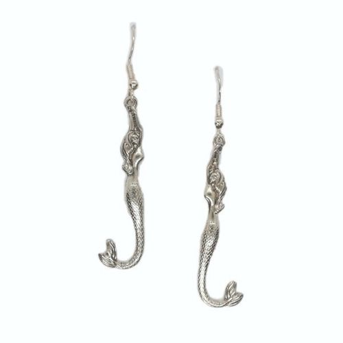 Long Sleek Pewter Mermaid Dangle Earrings - E1864FS